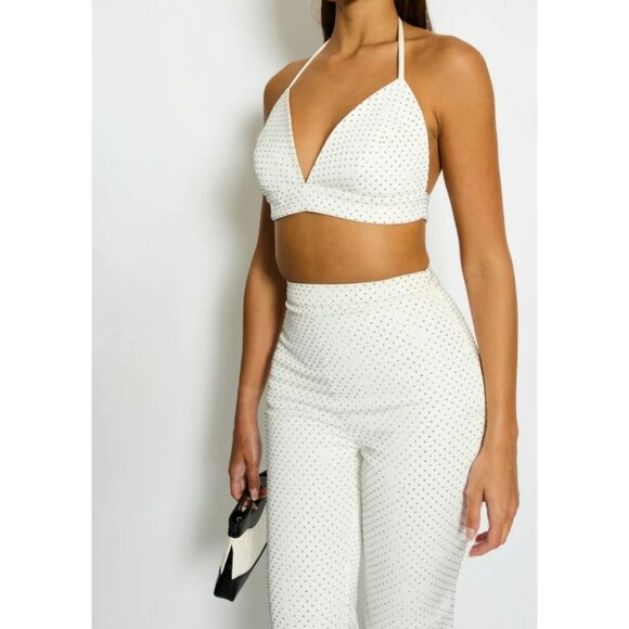 NADINE MERABI Pants - Nadine Merabi White Rhinestone Kira Two-Piece Set Top L Pants XL New